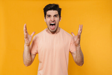 Canvas Print - Photo of furious handsome man screaming with throwing up hands