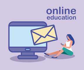 Sticker - woman with desktop computer, online education