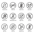 Warning icons for products. Signs inform about the absence of sugar, gluten, preservatives, dairy products. GMO free. Non genetically modified foods. Vector set of linear icons on white background