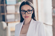 Closeup photo of attractive beautiful business lady eyesight health care concept look clever smart eyes camera home spacious office social distance formalwear blazer white suit indoors