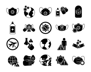 Sticker - set of icons prevention, protection of coronavirus , silhouette style icon