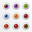 © YummyBuum - Human and animal eye. Different color eyeball and lenses, various round iris retina and pupils. Optical lens, ophthalmology 3d vector set