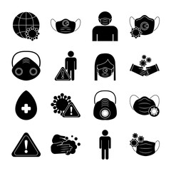 Sticker - set of icons prevention, protection of coronavirus , silhouette style icon