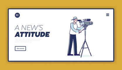Landing page with cameraman shooting reportage using professional camera on tripod
