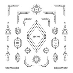 Wall Mural - set of vintage linear geometric tin line shape art deco retro design elements with frame corner badg