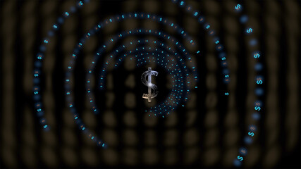 Wall Mural - Financial technology concept. 3d render of US dollar icon floating inside spiral tunnel over blurred dark background.