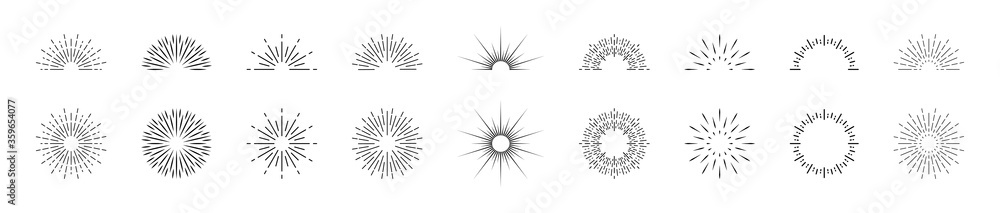 Sunburst lines. Circle, half circle of burst sun. Sparks and rays of stars. Retro elements of sunshine. Icons of sunset or sunrise. Radial vintage wreath for creative frame and abstract badge. Vector - obrazy, fototapety, plakaty 