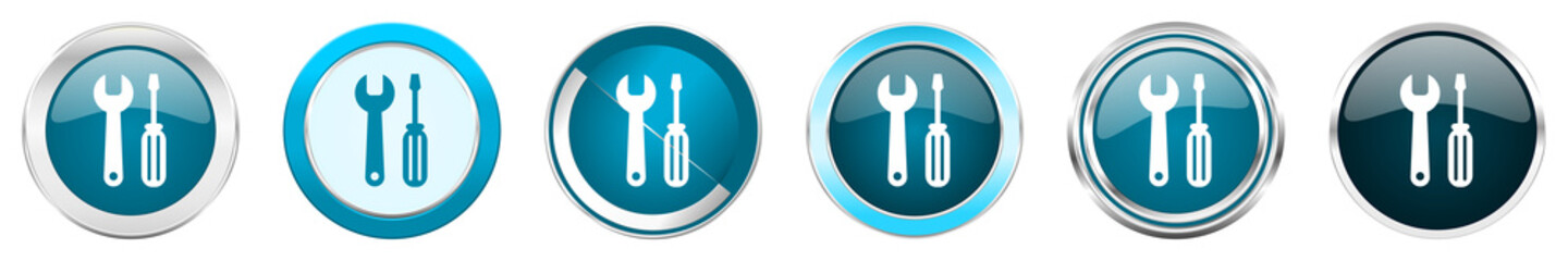 Aufkleber - Tool silver metallic chrome border icons in 6 options, set of web blue round buttons isolated on white background