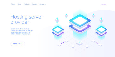 Wall Mural - Hosting server isometric vector illustration. Abstract 3d datacenter or data center room background. Network mainframe infrastructure website header layout. Computer storage or farming workstation.