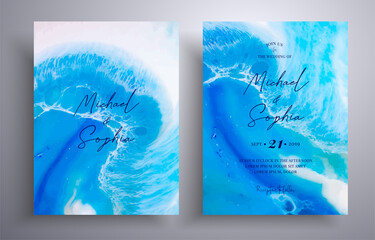 Beautiful set of wedding invitations with stone texture. Agate vector cards with marble effect and swirling paints, blue and white colors. Designed for greeting cards, packaging and etc