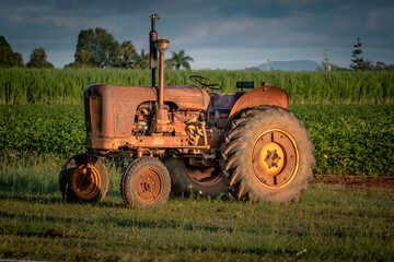 An old tractor sits on the edge of a field