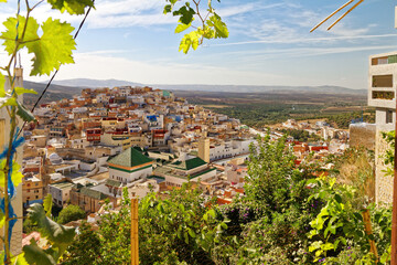 Scenic view of the holy city of Moulay Idris with Zaouia Moulay Idriss II mosque, Morocco 2018