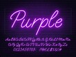 Neon purple script font. Glowing alphabet with letters, numbers and special characters on a brick background.