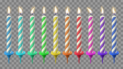 Wall Mural - Realistic birthday candles. Birthday cake candlelight, holidays flaming wax candle. Party celebration colorful candles vector illustration set. Candle birthday with candlelight, holiday fire