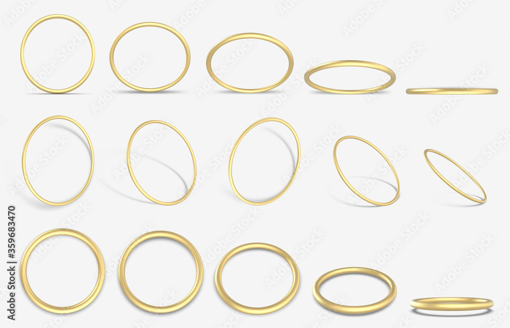 Realistic golden 3D ring. Gold decorative geometric round rings, 3d yellow gold metallic rings vector illustration icons set. Golden ring realistic, bright jewelry, luxurious glowing - obrazy, fototapety, plakaty 