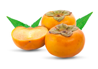 Wall Mural - Tropical fruit persimmon. Kaki with leaves on white background.