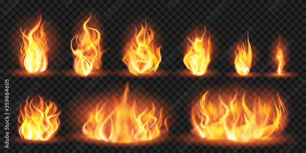 Realistic flames. Burning red wildfire flames, blazing fiery spurts of flame, burn bonfire silhouette isolated vector illustration set. Fiery red, wildfire blaze, burn flame - obrazy, fototapety, plakaty 