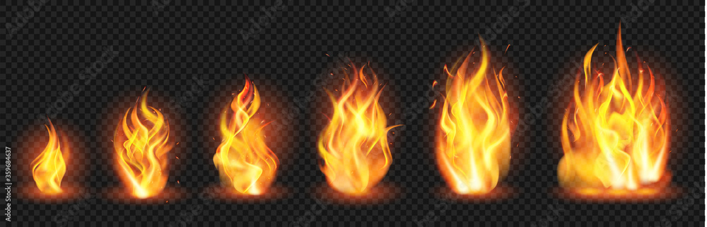 Realistic flame concept. Flaring fire blaze, various size burning spurts of flame, growing wildfire flames isolated vector illustration set. Blaze burn, hot flaming, bonfire ignite transparent - obrazy, fototapety, plakaty 