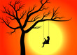 swinging girl silhouette. swing on a tree branch in which a cute girl is swinging and sunset in background.