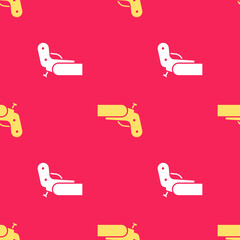 Poster - Yellow Flare gun pistol signal sos icon isolated seamless pattern on red background. Emergency fire shoot target smoke. Orange 911 launcher. Vector Illustration.