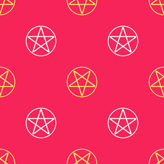 Wall Mural - Yellow Pentagram in a circle icon isolated seamless pattern on red background. Magic occult star symbol. Vector Illustration.