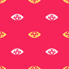 Wall Mural - Yellow Pentagram icon isolated seamless pattern on red background. Magic occult star symbol. Vector Illustration.