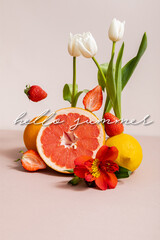 Poster - floral and fruit composition with tulips, red Alstroemeria, summer fruits near hello summer lettering on beige