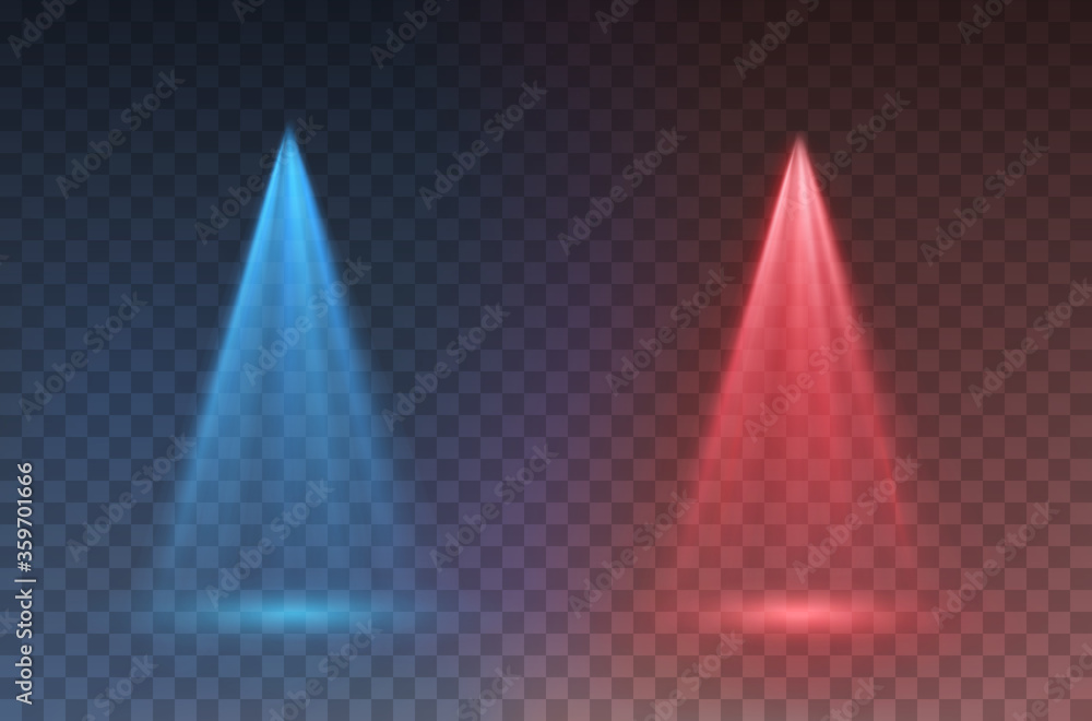 Light scanner or laser effect. Glow vs stage rays isolated on transparent background. Vector red versus blue scene spotlights. Shine projector beam template for battle, game design - obrazy, fototapety, plakaty 