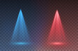 Light scanner or laser effect. Glow vs stage rays isolated on transparent background. Vector red versus blue scene spotlights. Shine projector beam template for battle, game design