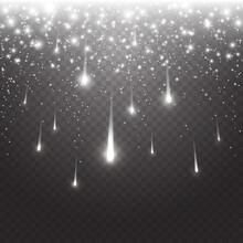 Comets And Glowing Asteroids, Stars At Night Sky. White Falling Meteorites Isolated On Black Transparent Background. Vector Cosmos Fantasy Meteors, Starlight Trail Effect