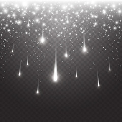 Comets and glowing asteroids, stars at night sky. White falling meteorites isolated on black transparent background. Vector cosmos fantasy meteors, starlight trail effect