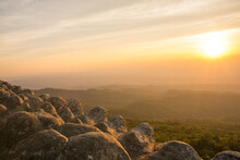 Beautiful Sunset On Nodule Rock Field 's Name Lan Hin Pum Viewpoint At Phu Hin Rong Kla National Park In Thailand