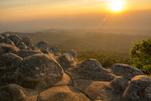 Beautiful Sunset On Nodule Rock Field 's Name Lan Hin Pum Viewpoint At Phu Hin Rong Kla National Park In Thailand