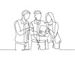 © Simple Line - One single line drawing of young happy male and female workers talking about company project together while opening document. Business meeting concept continuous line draw design vector illustration