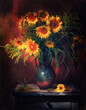 Classic still life with bouquet of beautiful yellow sunflowers in old vintage jug in a ray of light on brown background . Art photography.