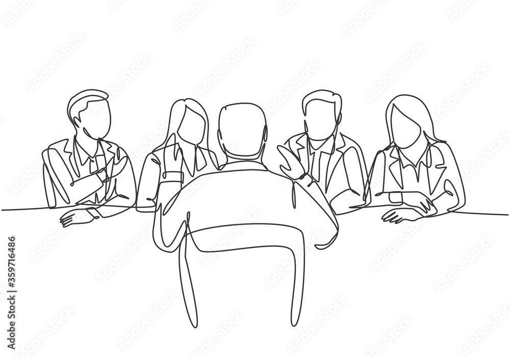 Interview Drawing Basic One single line drawing of young interviewee being interviewed by some ...