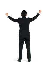 Rear View Of Success Businessman With His Arms Isolated White Background.