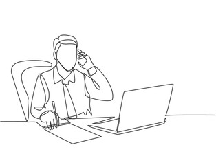 One single line drawing of young male employee holding smartphone while writing report on paper and reading business report on laptop. Business concept continuous line draw design vector illustration