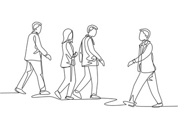 Wall Mural - One single line drawing of young businessmen and businesswoman walking together on city street to go to the office. Urban commuter workers concept continuous line draw design vector illustration