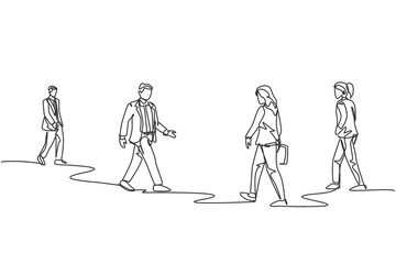 Canvas Print - Single continuous line drawing of group urban commuters walking pass over and over again on city street go to the office. Urban commuter workers concept one line draw design vector illustration