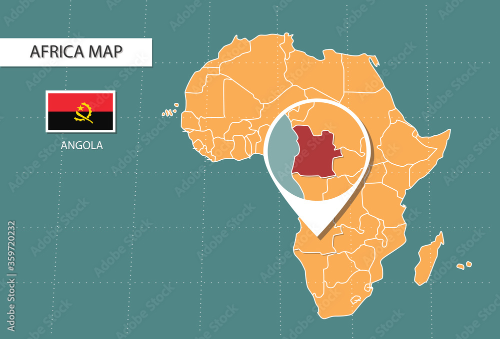 Angola map in Africa zoom version, icons showing Angola location and ...