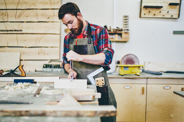 Wall Mural - young bearded craft master 30 years old doing wood construction during leisure time for hobby indoor