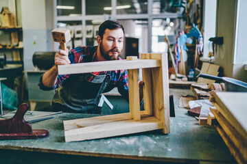 Wall Mural - bearded skilled man in apron working with hammer repairing stool in workshop for carpentry business,