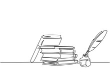 Single Continuous Line Drawing Of Stack Of Books, Ink And Quill Pen On The Office Desk. Old Antique Writing Equipment Concept. Modern One Line Draw Design Vector Graphic Illustration