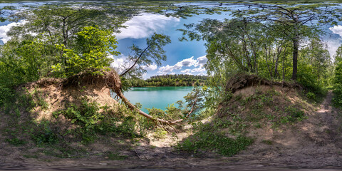 Wall Mural - full seamless spherical hdri panorama 360 degrees angle view in pinery forest with clumsy tree roots on coast of huge green lake in equirectangular projection, ready VR AR virtual reality content
