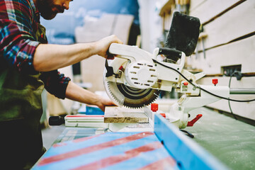 Wall Mural - cropped image of man holding electric machinery for saw and cut wooden plank for making details, mal