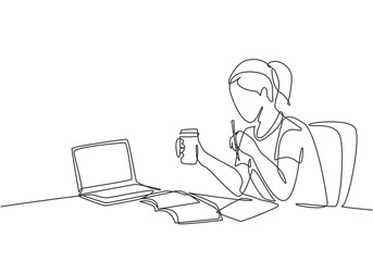 One single line drawing of young serious female employee sitting pensively on her work chair while staring at computer. Thinking ideas at work concept continuous line draw design vector illustration