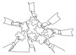 © Simple Line - Single continuous line drawing of male and female business team members unite puzzle pieces together to one as team building symbol. Employee teamwork concept one line draw design vector illustration