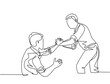 Single continuous line drawing of young happy businessman help to pull out his colleague from failure and rising again. Trendy teamwork support concept one line draw design vector graphic illustration