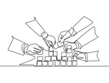 Single Continuous Line Drawing Of Business Team Member Arrange Wooden Cube Block Become Sturdy Tower Together To Improve Team Building. Teamwork Concept One Line Draw Design Vector Illustration